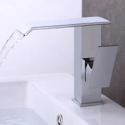 Modern Style Brass Waterfall Bathroom Sink Faucet,White Chrome Electroplated Single Handle One Hole Bath Taps with Hot and Cold Switch