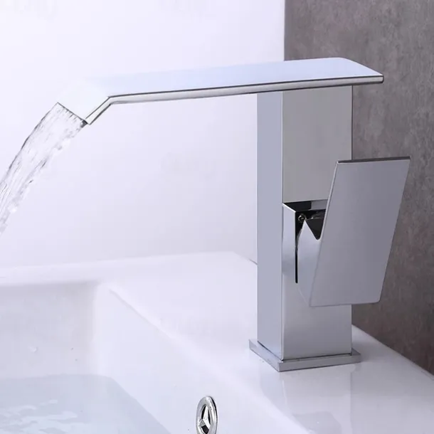 Modern Style Brass Waterfall Bathroom Sink Faucet,White Chrome Electroplated Single Handle One Hole Bath Taps with Hot and Cold Switch