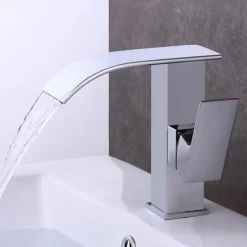 Modern Style Brass Waterfall Bathroom Sink Faucet,White Chrome Electroplated Single Handle One Hole Bath Taps with Hot and Cold Switch