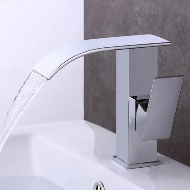 Modern Style Brass Waterfall Bathroom Sink Faucet,White Chrome Electroplated Single Handle One Hole Bath Taps with Hot and Cold Switch
