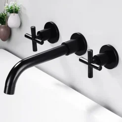 Modern Utility Sink Laundry Chrome Gold Black Faucet with Rotatable Spout, Wall Mount Two Handles Three Holes Wash Basin Tap with Hot and Cold Water Switch, Laundry Tub Pot Filler Commercial Faucet