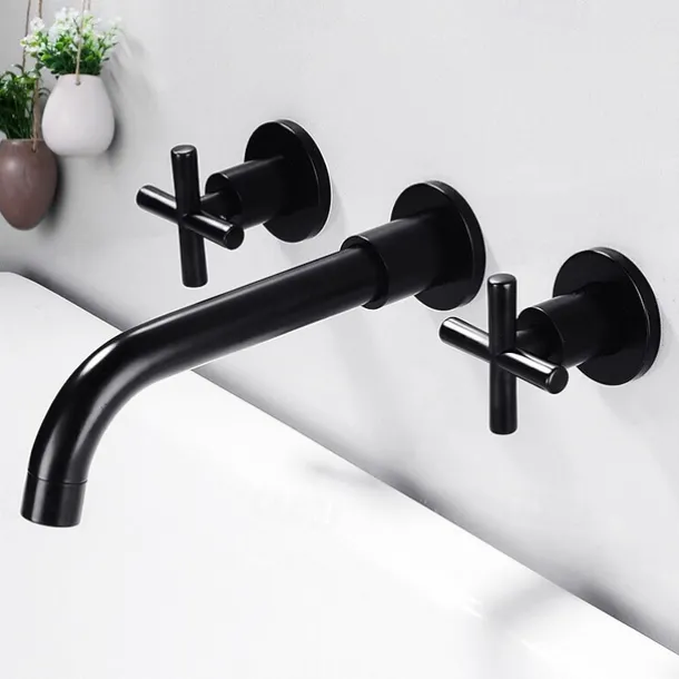 Modern Utility Sink Laundry Chrome Gold Black Faucet with Rotatable Spout, Wall Mount Two Handles Three Holes Wash Basin Tap with Hot and Cold Water Switch, Laundry Tub Pot Filler Commercial Faucet
