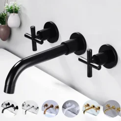 Modern Utility Sink Laundry Chrome Gold Black Faucet with Rotatable Spout, Wall Mount Two Handles Three Holes Wash Basin Tap with Hot and Cold Water Switch, Laundry Tub Pot Filler Commercial Faucet