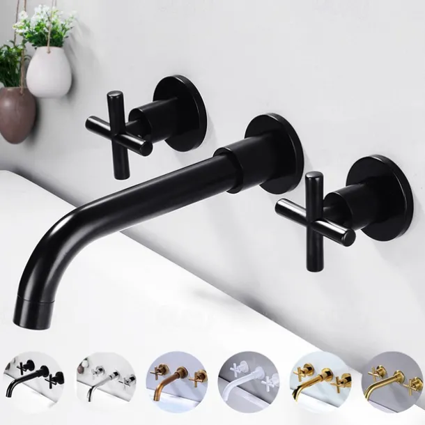 Modern Utility Sink Laundry Chrome Gold Black Faucet with Rotatable Spout, Wall Mount Two Handles Three Holes Wash Basin Tap with Hot and Cold Water Switch, Laundry Tub Pot Filler Commercial Faucet