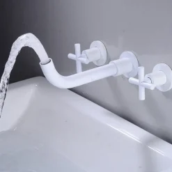 Modern Utility Sink Laundry Chrome Gold Black Faucet with Rotatable Spout, Wall Mount Two Handles Three Holes Wash Basin Tap with Hot and Cold Water Switch, Laundry Tub Pot Filler Commercial Faucet