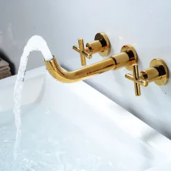 Modern Utility Sink Laundry Chrome Gold Black Faucet with Rotatable Spout, Wall Mount Two Handles Three Holes Wash Basin Tap with Hot and Cold Water Switch, Laundry Tub Pot Filler Commercial Faucet