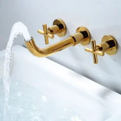 Modern Utility Sink Laundry Chrome Gold Black Faucet with Rotatable Spout, Wall Mount Two Handles Three Holes Wash Basin Tap with Hot and Cold Water Switch, Laundry Tub Pot Filler Commercial Faucet