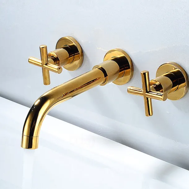 Modern Utility Sink Laundry Chrome Gold Black Faucet with Rotatable Spout, Wall Mount Two Handles Three Holes Wash Basin Tap with Hot and Cold Water Switch, Laundry Tub Pot Filler Commercial Faucet