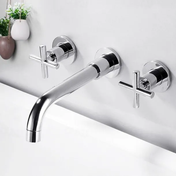 Modern Utility Sink Laundry Chrome Gold Black Faucet with Rotatable Spout, Wall Mount Two Handles Three Holes Wash Basin Tap with Hot and Cold Water Switch, Laundry Tub Pot Filler Commercial Faucet