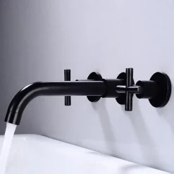 Modern Utility Sink Laundry Chrome Gold Black Faucet with Rotatable Spout, Wall Mount Two Handles Three Holes Wash Basin Tap with Hot and Cold Water Switch, Laundry Tub Pot Filler Commercial Faucet