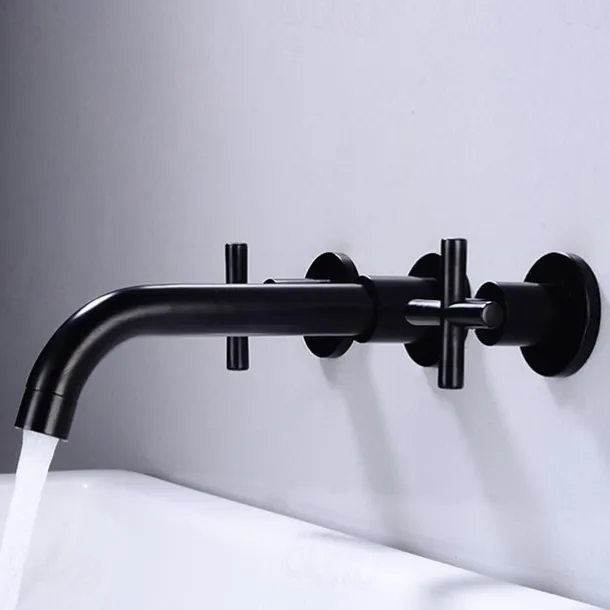 Modern Utility Sink Laundry Chrome Gold Black Faucet with Rotatable Spout, Wall Mount Two Handles Three Holes Wash Basin Tap with Hot and Cold Water Switch, Laundry Tub Pot Filler Commercial Faucet