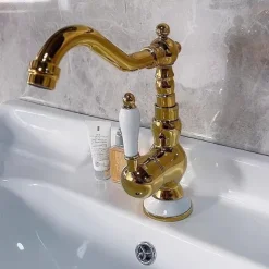Mono Bathroom Sink Mixer Faucet Brass, Deck Mounted Single Lever Basin Taps Ceramic Handle Tap, One Hole Cold and Hot Hose Vessel Faucets