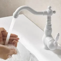 Mono Bathroom Sink Mixer Faucet Brass, Deck Mounted Single Lever Basin Taps Ceramic Handle Tap, One Hole Cold and Hot Hose Vessel Faucets