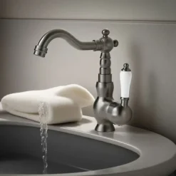 Mono Bathroom Sink Mixer Faucet Brass, Deck Mounted Single Lever Basin Taps Ceramic Handle Tap, One Hole Cold and Hot Hose Vessel Faucets