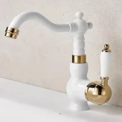 Mono Bathroom Sink Mixer Faucet Brass, Deck Mounted Single Lever Basin Taps Ceramic Handle Tap, One Hole Cold and Hot Hose Vessel Faucets