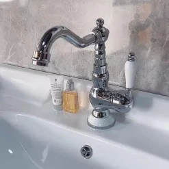 Mono Bathroom Sink Mixer Faucet Brass, Deck Mounted Single Lever Basin Taps Ceramic Handle Tap, One Hole Cold and Hot Hose Vessel Faucets