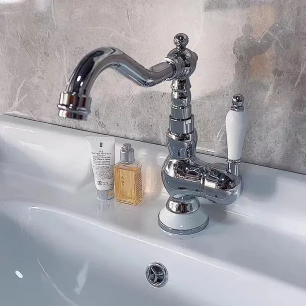 Mono Bathroom Sink Mixer Faucet Brass, Deck Mounted Single Lever Basin Taps Ceramic Handle Tap, One Hole Cold and Hot Hose Vessel Faucets