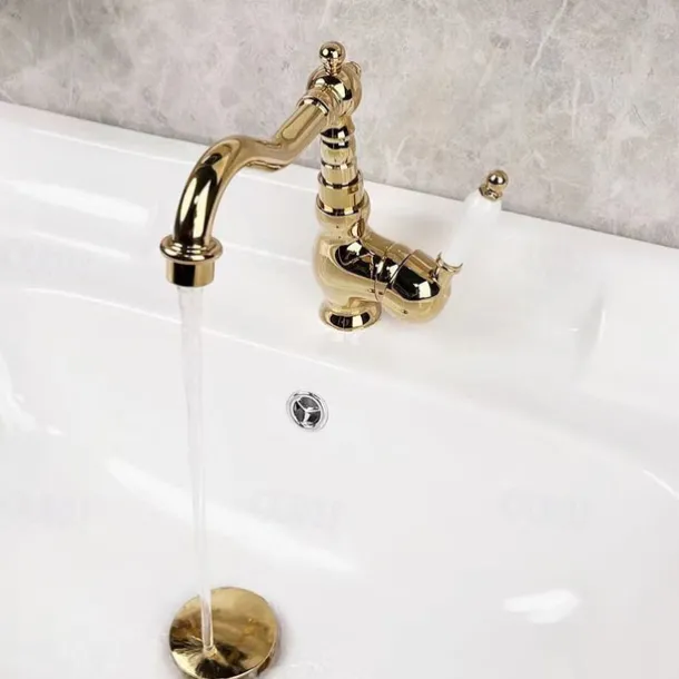 Mono Bathroom Sink Mixer Faucet Brass, Deck Mounted Single Lever Basin Taps Ceramic Handle Tap, One Hole Cold and Hot Hose Vessel Faucets