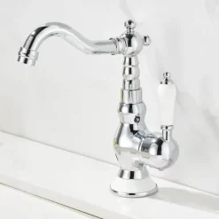 Mono Bathroom Sink Mixer Faucet Brass, Deck Mounted Single Lever Basin Taps Ceramic Handle Tap, One Hole Cold and Hot Hose Vessel Faucets