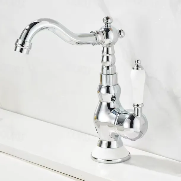 Mono Bathroom Sink Mixer Faucet Brass, Deck Mounted Single Lever Basin Taps Ceramic Handle Tap, One Hole Cold and Hot Hose Vessel Faucets