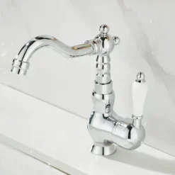 Mono Bathroom Sink Mixer Faucet Brass, Deck Mounted Single Lever Basin Taps Ceramic Handle Tap, One Hole Cold and Hot Hose Vessel Faucets