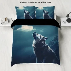 Moon Night Wolf Duvet Cover Set - Includes Duvet Cover and Pillowcases - Mystical Wolf and Moon Design - Soft and Comfortable Fabric