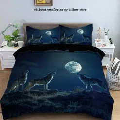 Moon Night Wolf Duvet Cover Set - Includes Duvet Cover and Pillowcases - Mystical Wolf and Moon Design - Soft and Comfortable Fabric