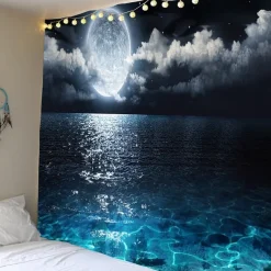 Moon Sea Sky Wall Tapestry Art Decor Blanket Curtain Picnic Tablecloth Hanging Home Bedroom Living Room Dorm Decoration Landscape Full Night Ocean Cloud Star