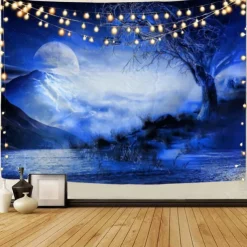 Moon Sea Sky Wall Tapestry Art Decor Blanket Curtain Picnic Tablecloth Hanging Home Bedroom Living Room Dorm Decoration Landscape Full Night Ocean Cloud Star