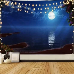 Moon Sea Sky Wall Tapestry Art Decor Blanket Curtain Picnic Tablecloth Hanging Home Bedroom Living Room Dorm Decoration Landscape Full Night Ocean Cloud Star