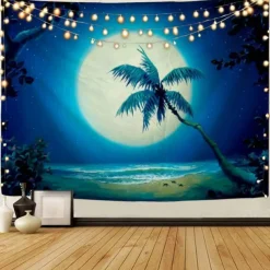Moon Sea Sky Wall Tapestry Art Decor Blanket Curtain Picnic Tablecloth Hanging Home Bedroom Living Room Dorm Decoration Landscape Full Night Ocean Cloud Star