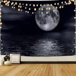 Moon Sea Sky Wall Tapestry Art Decor Blanket Curtain Picnic Tablecloth Hanging Home Bedroom Living Room Dorm Decoration Landscape Full Night Ocean Cloud Star