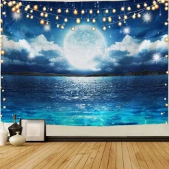 Moon Sea Sky Wall Tapestry Art Decor Blanket Curtain Picnic Tablecloth Hanging Home Bedroom Living Room Dorm Decoration Landscape Full Night Ocean Cloud Star