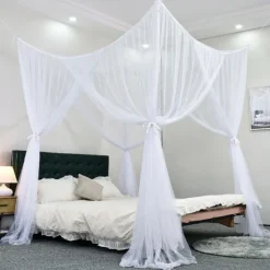 Mosquito Net Bed Canopy, 4 Corner Post Canopy Bed Curtains with 4 Hanging Hooks, 30ft Tether and 4 Tassel Hanging Pendants for Full/Queen/King Size