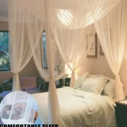 Mosquito Net Bed Canopy, 4 Corner Post Canopy Bed Curtains with 4 Hanging Hooks, 30ft Tether and 4 Tassel Hanging Pendants for Full/Queen/King Size