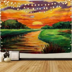 Mountain Sunrise Wall Tapestry Art Decor Blanket Curtain Picnic Tablecloth Hanging Home Bedroom Living Room Dorm Decoration Landscape Golden Sunset Forest Ink