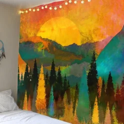 Mountain Sunrise Wall Tapestry Art Decor Blanket Curtain Picnic Tablecloth Hanging Home Bedroom Living Room Dorm Decoration Landscape Golden Sunset Forest Ink