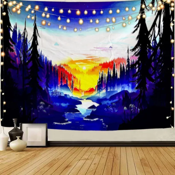 Mountain Sunrise Wall Tapestry Art Decor Blanket Curtain Picnic Tablecloth Hanging Home Bedroom Living Room Dorm Decoration Landscape Golden Sunset Forest Ink