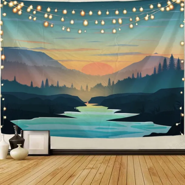 Mountain Sunrise Wall Tapestry Art Decor Blanket Curtain Picnic Tablecloth Hanging Home Bedroom Living Room Dorm Decoration Landscape Golden Sunset Forest Ink