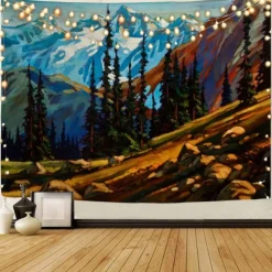 Mountain Sunrise Wall Tapestry Art Decor Blanket Curtain Picnic Tablecloth Hanging Home Bedroom Living Room Dorm Decoration Landscape Golden Sunset Forest Ink