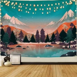 Mountain Sunrise Wall Tapestry Art Decor Blanket Curtain Picnic Tablecloth Hanging Home Bedroom Living Room Dorm Decoration Landscape Golden Sunset Forest Ink