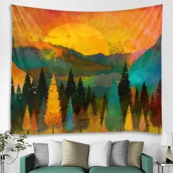 Mountain Sunrise Wall Tapestry Art Decor Blanket Curtain Picnic Tablecloth Hanging Home Bedroom Living Room Dorm Decoration Landscape Golden Sunset Forest Ink