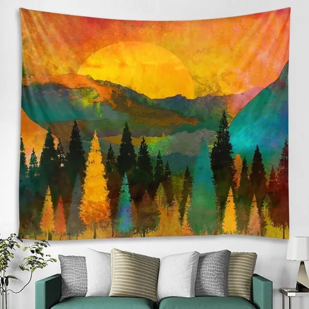 Mountain Sunrise Wall Tapestry Art Decor Blanket Curtain Picnic Tablecloth Hanging Home Bedroom Living Room Dorm Decoration Landscape Golden Sunset Forest Ink