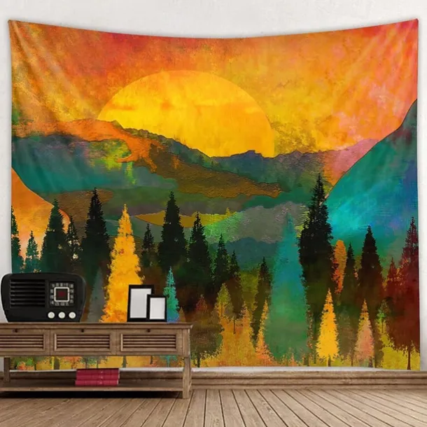 Mountain Sunrise Wall Tapestry Art Decor Blanket Curtain Picnic Tablecloth Hanging Home Bedroom Living Room Dorm Decoration Landscape Golden Sunset Forest Ink