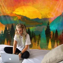 Mountain Sunrise Wall Tapestry Art Decor Blanket Curtain Picnic Tablecloth Hanging Home Bedroom Living Room Dorm Decoration Landscape Golden Sunset Forest Ink