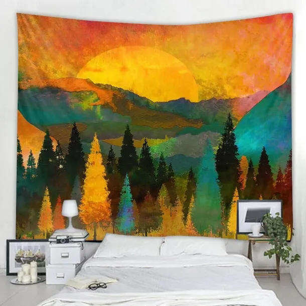 Mountain Sunrise Wall Tapestry Art Decor Blanket Curtain Picnic Tablecloth Hanging Home Bedroom Living Room Dorm Decoration Landscape Golden Sunset Forest Ink