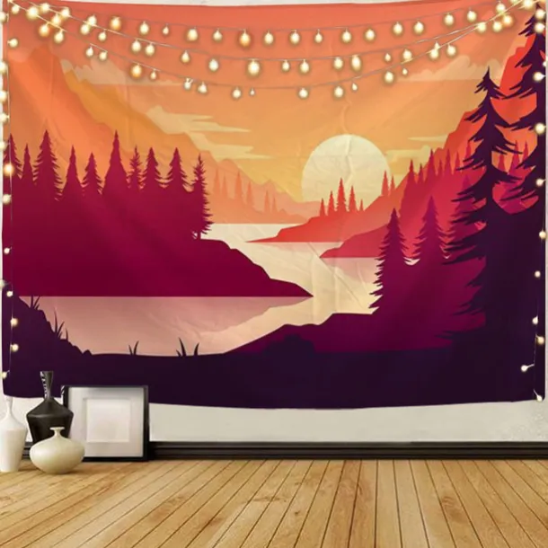 Mountain Sunrise Wall Tapestry Art Decor Blanket Curtain Picnic Tablecloth Hanging Home Bedroom Living Room Dorm Decoration Landscape Golden Sunset Forest Ink