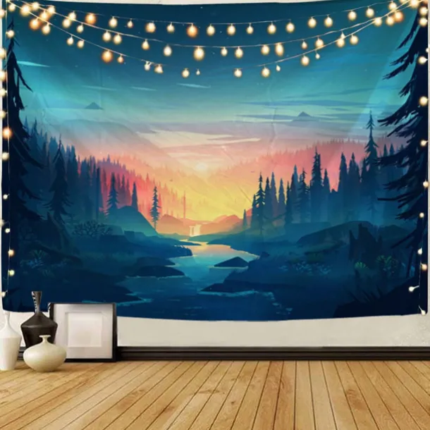 Mountain Sunrise Wall Tapestry Art Decor Blanket Curtain Picnic Tablecloth Hanging Home Bedroom Living Room Dorm Decoration Landscape Golden Sunset Forest Ink