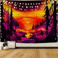 Mountain Sunrise Wall Tapestry Art Decor Blanket Curtain Picnic Tablecloth Hanging Home Bedroom Living Room Dorm Decoration Landscape Golden Sunset Forest Ink