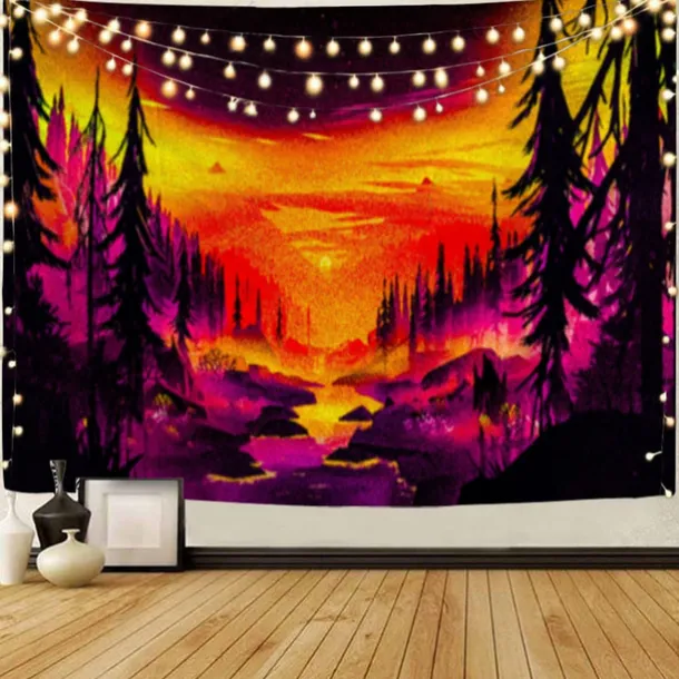 Mountain Sunrise Wall Tapestry Art Decor Blanket Curtain Picnic Tablecloth Hanging Home Bedroom Living Room Dorm Decoration Landscape Golden Sunset Forest Ink